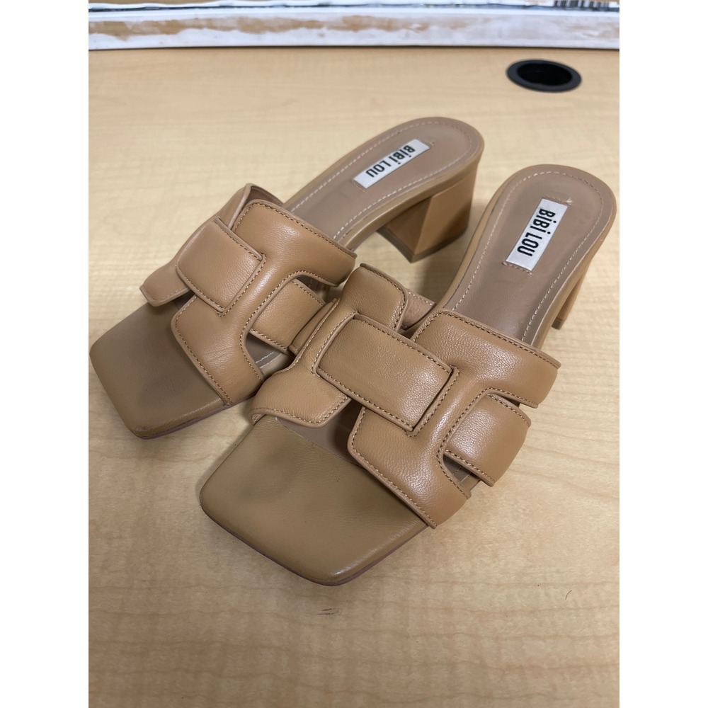Bibi Lou Tan Leather Woven H-Strap Block Heel Slide Sandals Square Toe 37